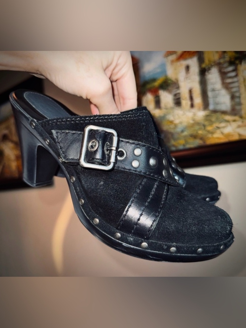 Vintage Grunge Black Leather Buckle Strap Heels Clogs Mules 7 Nurture